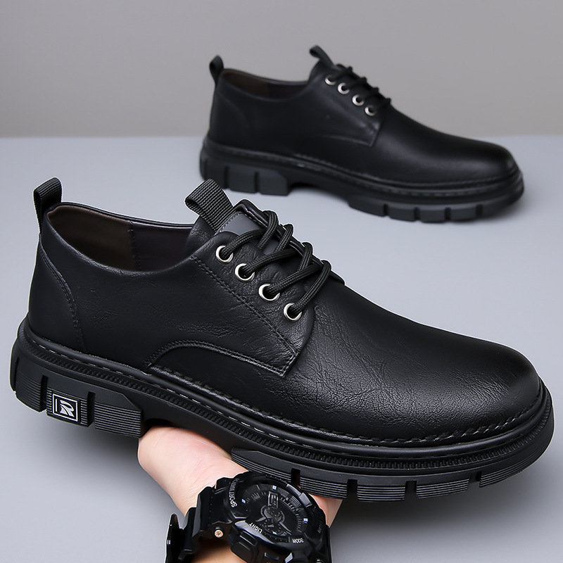 Мъжки обувки от естествена кожа с нисък връх, двуслойна телешка кожа, ежедневни обувки за работа, PU стелка, нехлъзгаща подметка, нисък ток 1–3 cm