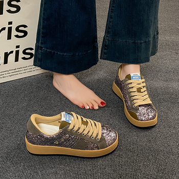 Pantofi sport dama în stil coreean, distressed, cu model de stele, din material textil, talpă din cauciuc, închidere cu șireturi