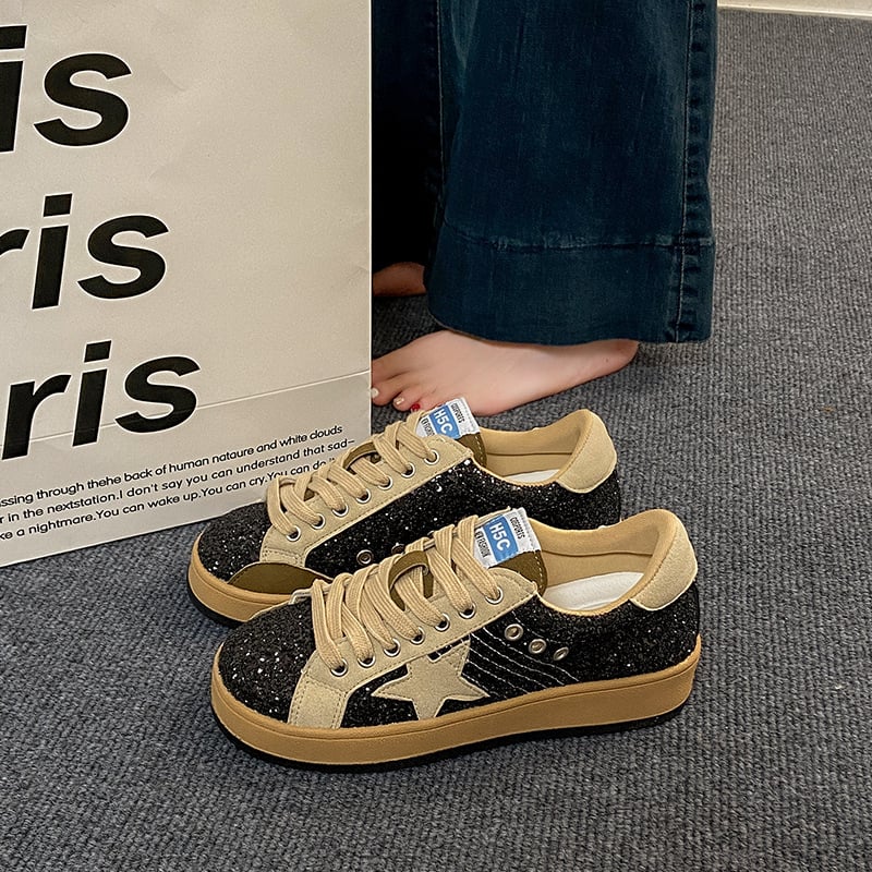 Pantofi sport dama în stil coreean, distressed, cu model de stele, din material textil, talpă din cauciuc, închidere cu șireturi