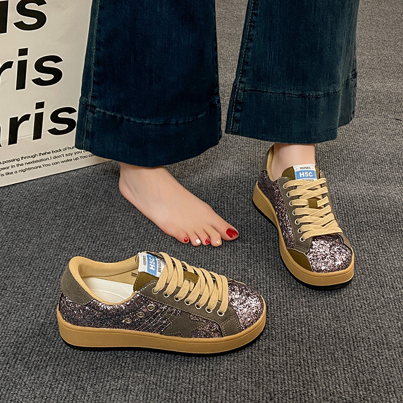 Pantofi sport dama în stil coreean, distressed, cu model de stele, din material textil, talpă din cauciuc, închidere cu șireturi