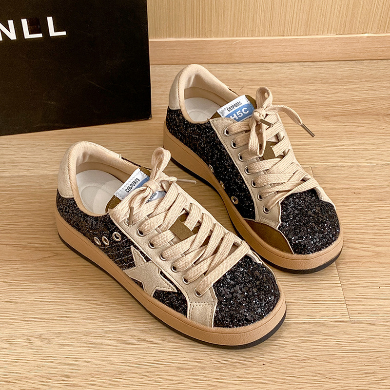 Pantofi sport dama în stil coreean, distressed, cu model de stele, din material textil, talpă din cauciuc, închidere cu șireturi