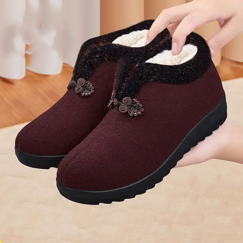 Pantofi de iarnă din bumbac pentru femei de vârstă mijlocie și mai în vârstă, botine scurte căptușite cu fleece, partea superioară Velur, talpă din cauciuc