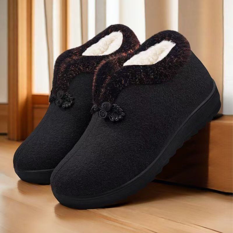 Pantofi de iarnă din bumbac pentru femei de vârstă mijlocie și mai în vârstă, botine scurte căptușite cu fleece, partea superioară Velur, talpă din cauciuc