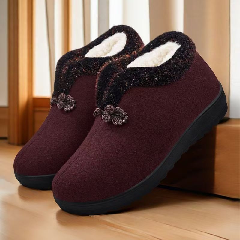 Pantofi de iarnă din bumbac pentru femei de vârstă mijlocie și mai în vârstă, botine scurte căptușite cu fleece, partea superioară Velur, talpă din cauciuc