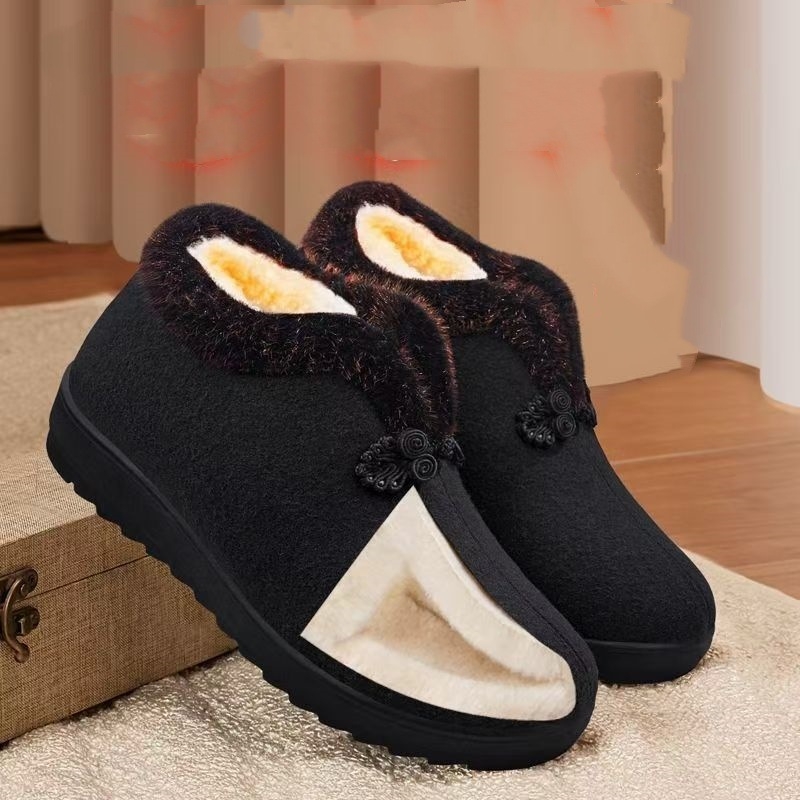Pantofi de iarnă din bumbac pentru femei de vârstă mijlocie și mai în vârstă, botine scurte căptușite cu fleece, partea superioară Velur, talpă din cauciuc