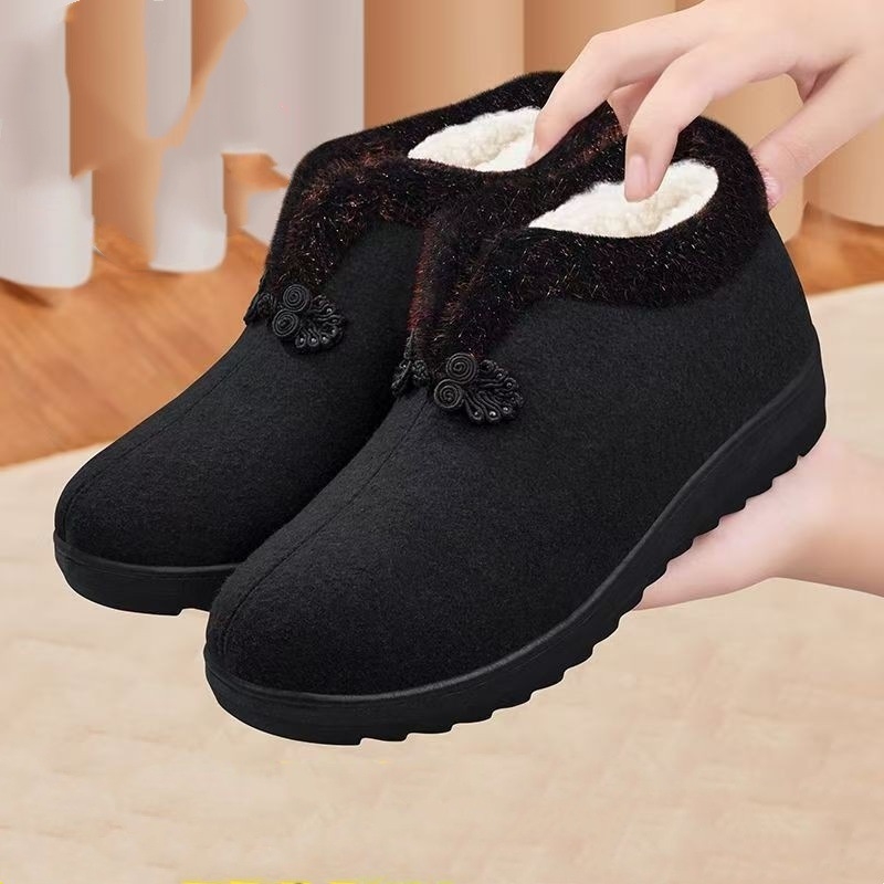 Pantofi de iarnă din bumbac pentru femei de vârstă mijlocie și mai în vârstă, botine scurte căptușite cu fleece, partea superioară Velur, talpă din cauciuc