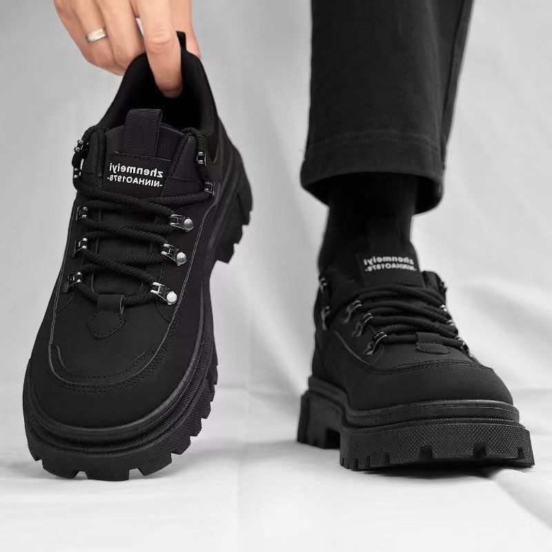 Pantofi outdoor de lucru pentru bărbați, stil Martin, negru, model toamnă 2025; partea superioară PU, vârf rotund, talpă din cauciuc, căptușeală respirabilă.