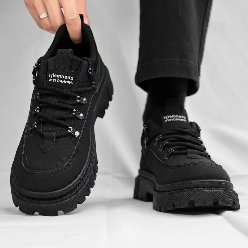 Pantofi outdoor de lucru pentru bărbați, stil Martin, negru, model toamnă 2025; partea superioară PU, vârf rotund, talpă din cauciuc, căptușeală respirabilă.