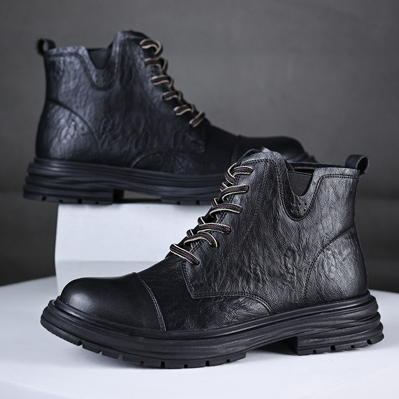 Ανδρικά μποτάκια Martin σε βρετανικό στυλ με φαρδιά σόλα (PU επάνω, καουτσούκ σόλα, στρογγυλή μύτη, ύψος τακουνιού 3-5 εκ, πλαϊνό φερμουάρ)