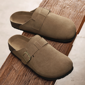 Papuci bărbătești în stil Birkenstock — design retro cu deget închis, slip-on, partea superioară din piele sintetică, talpă cork+TPR