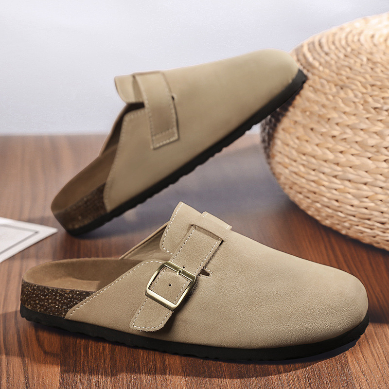 Papuci bărbătești în stil Birkenstock — design retro cu deget închis, slip-on, partea superioară din piele sintetică, talpă cork+TPR