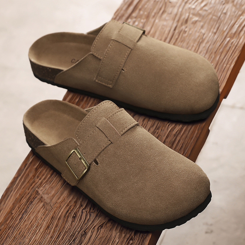 Papuci bărbătești în stil Birkenstock — design retro cu deget închis, slip-on, partea superioară din piele sintetică, talpă cork+TPR