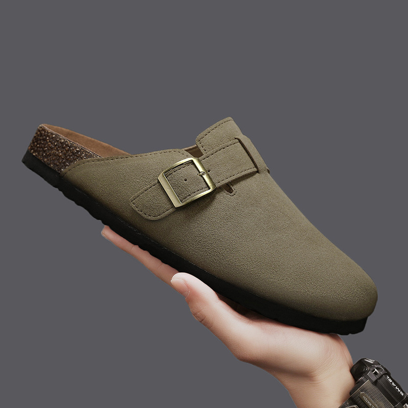 Papuci bărbătești în stil Birkenstock — design retro cu deget închis, slip-on, partea superioară din piele sintetică, talpă cork+TPR