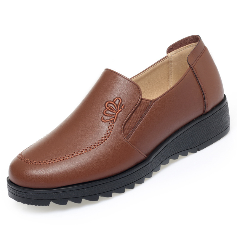 Pantofi pentru femei de vârstă mijlocie, cu partea superioară din microfibră, talpă din cauciuc, fermoar pe lateral, broderie florală și toc mic