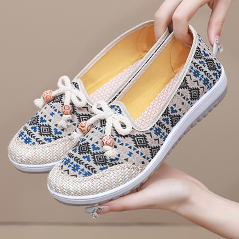 Moteriški audinių batai kasdieniam naudojimui - slip-on, minkšta padas, neslidūs, plokščias kulnas, viršutinė dalis iš audinio