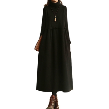 Pamut ruha irodalmi és művészeti retró stílusban, magas nyakú, hosszú ujjú, hosszú fazon