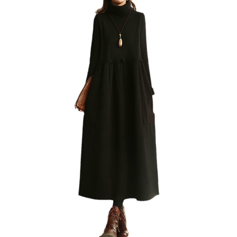 Pamut ruha irodalmi és művészeti retró stílusban, magas nyakú, hosszú ujjú, hosszú fazon