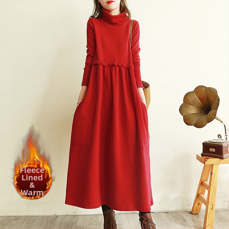 Medvilninė suknelė su literatūros ir meno retro stiliumi, su aukštu kaklu, ilgomis rankovėmis, ilgu siluetu