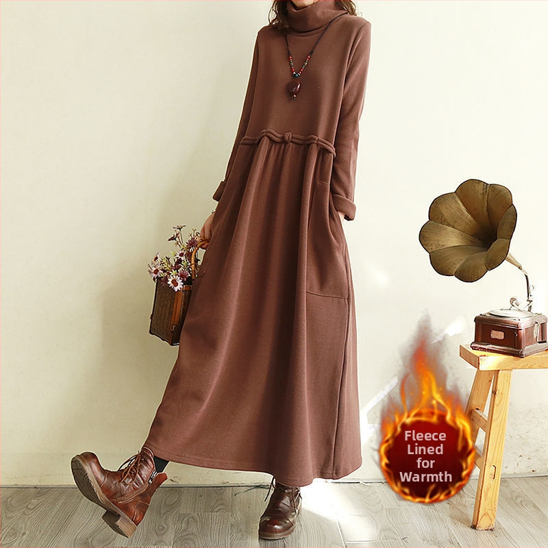 Medvilninė suknelė su literatūros ir meno retro stiliumi, su aukštu kaklu, ilgomis rankovėmis, ilgu siluetu