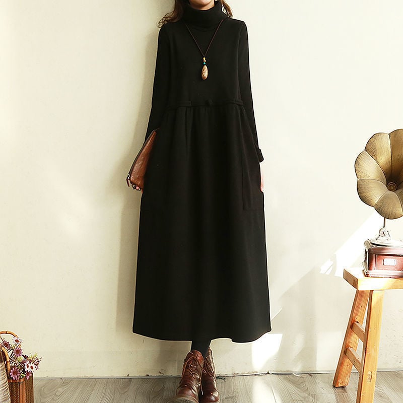 Pamut ruha irodalmi és művészeti retró stílusban, magas nyakú, hosszú ujjú, hosszú fazon