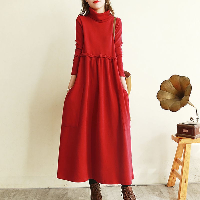 Pamut ruha irodalmi és művészeti retró stílusban, magas nyakú, hosszú ujjú, hosszú fazon