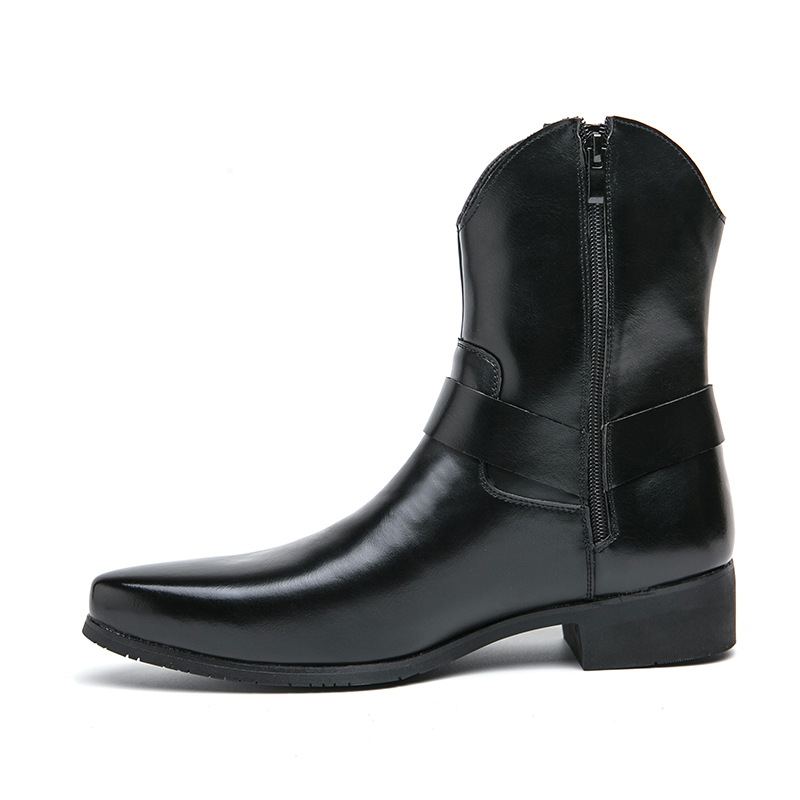 Ανδρικά μποτάκια από τεχνητό δέρμα με μυτερό δάχτυλο, υψηλό άνω μέρος, πλαϊνό φερμουάρ, χαμηλό τακούνι 1-3 εκ.