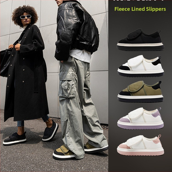 Papuci de exterior pentru bărbați din bumbac, talpă EVA groasă impermeabilă, căptușiți cu fleece, calzi pentru toamnă și iarnă