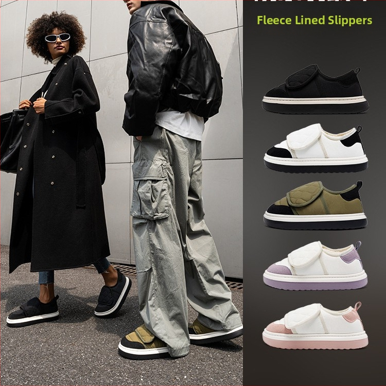 Papuci de exterior pentru bărbați din bumbac, talpă EVA groasă impermeabilă, căptușiți cu fleece, calzi pentru toamnă și iarnă