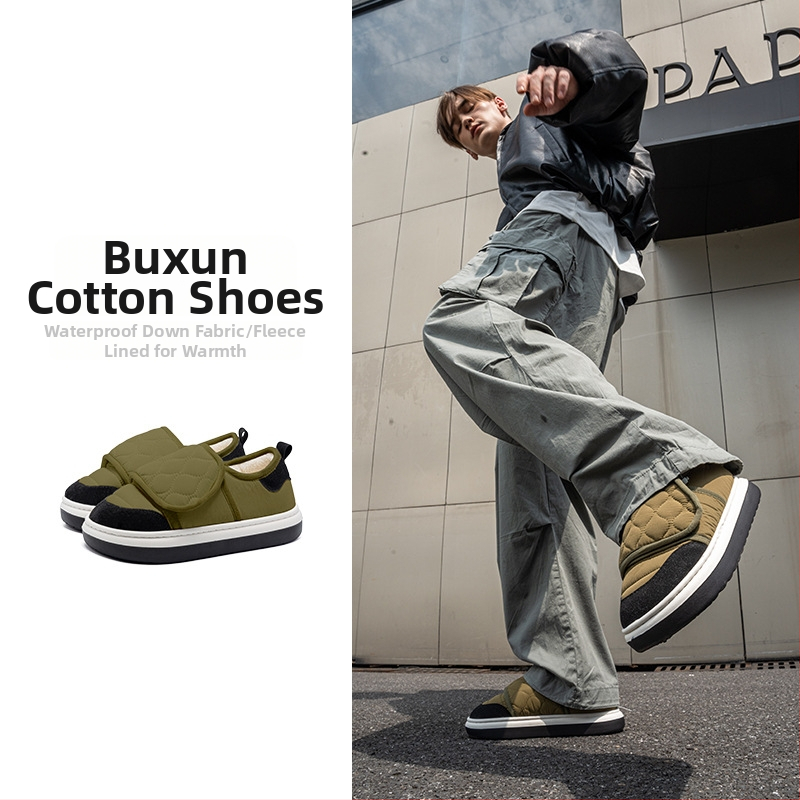 Papuci de exterior pentru bărbați din bumbac, talpă EVA groasă impermeabilă, căptușiți cu fleece, calzi pentru toamnă și iarnă