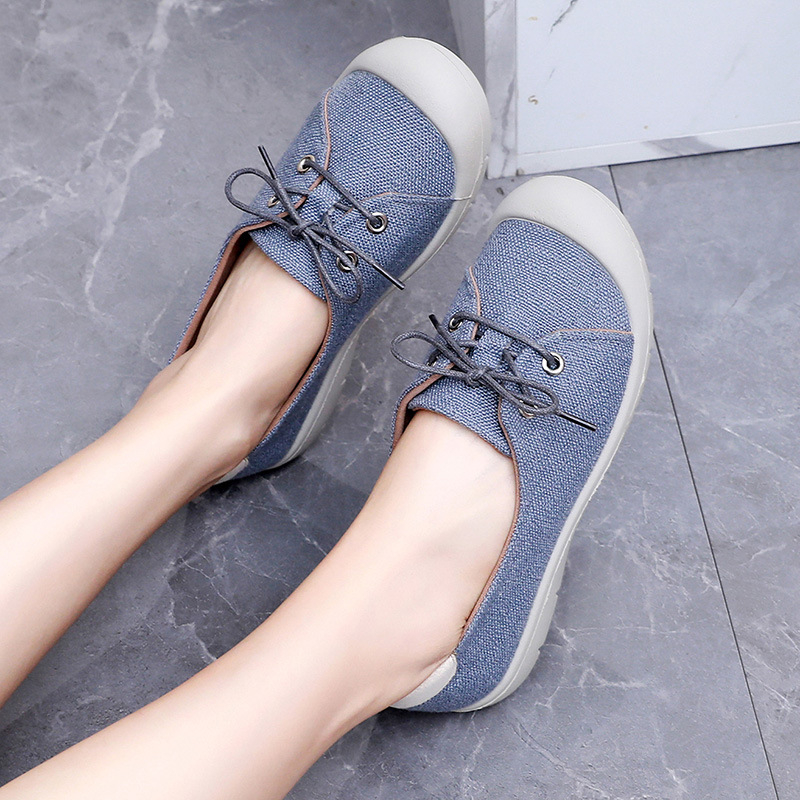 Moteriški kasdieniai lygūs batai su kvėpuojančia drobės viršutine dalimi, lengva PU injekcinė pala, apvali nosis, plokščia kulnė, kasdieniam naudojimui