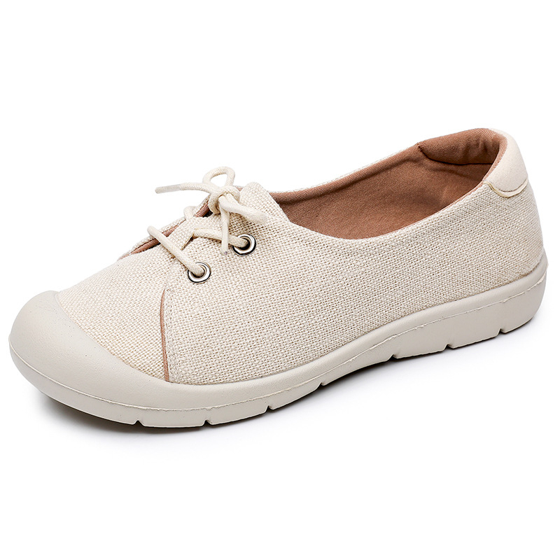 Moteriški kasdieniai lygūs batai su kvėpuojančia drobės viršutine dalimi, lengva PU injekcinė pala, apvali nosis, plokščia kulnė, kasdieniam naudojimui