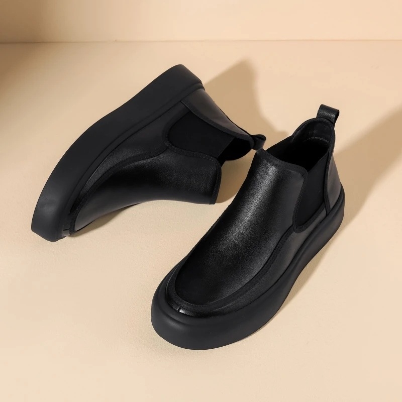 Мъжки кожени Челси ботуши, двуслойно горнище от телешка кожа, гумена подметка, PU стелка, кръгъл нос, височина на тока 3–5 cm