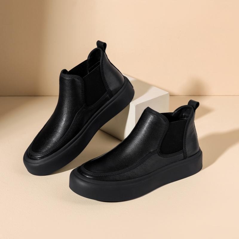 Мъжки кожени Челси ботуши, двуслойно горнище от телешка кожа, гумена подметка, PU стелка, кръгъл нос, височина на тока 3–5 cm