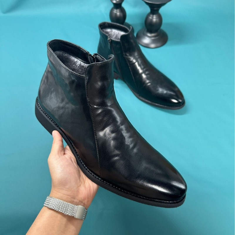 Мъжки Челси обувки с остър нос, горна част от split кожа, гумирана подметка, PU стелка, страничен цип