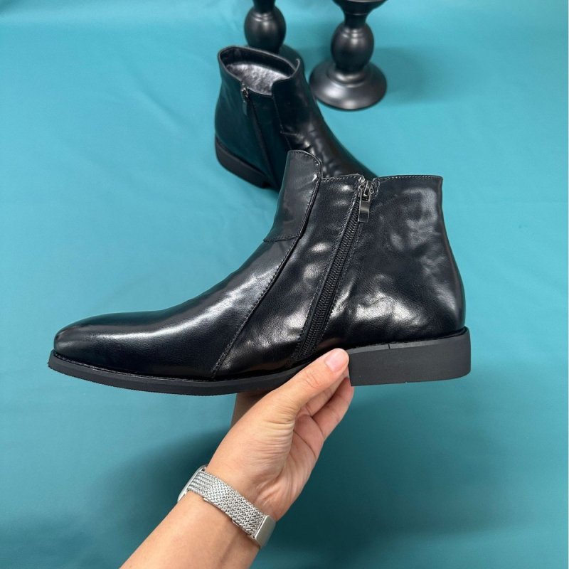 Мъжки Челси обувки с остър нос, горна част от split кожа, гумирана подметка, PU стелка, страничен цип