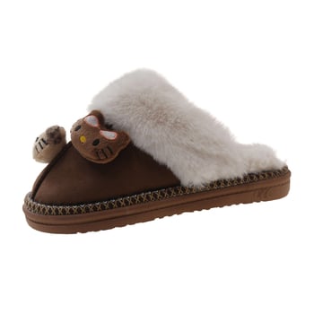 Sieviešu mājas čības ar kaķa pūka dizainu – velūra augšdaļa, apaļš purns, slip-on, gumijas zole, iekšpusē īss pūka odere