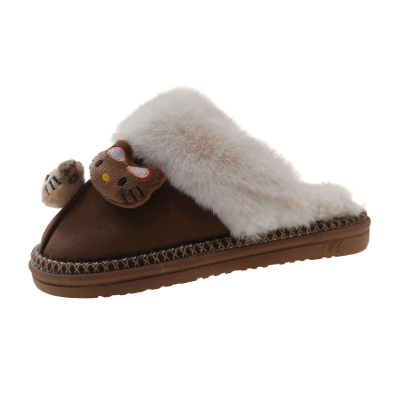 Sieviešu mājas čības ar kaķa pūka dizainu – velūra augšdaļa, apaļš purns, slip-on, gumijas zole, iekšpusē īss pūka odere