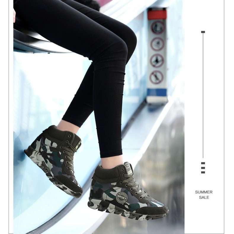 Tudano drobės bateliai su aukščio didinimo dizainu, vidutinė viršutinė dalis, kamufliažo raštas, gumos padas