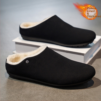 Ziemas vīriešu čības ar fleece oderi – augšējā daļa no sintētiskās ādas, gumijas zole, injicēta veidota zole, slēgtie pirksti, slip-on