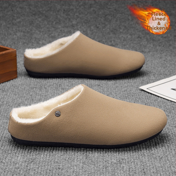 Ziemas vīriešu čības ar fleece oderi – augšējā daļa no sintētiskās ādas, gumijas zole, injicēta veidota zole, slēgtie pirksti, slip-on