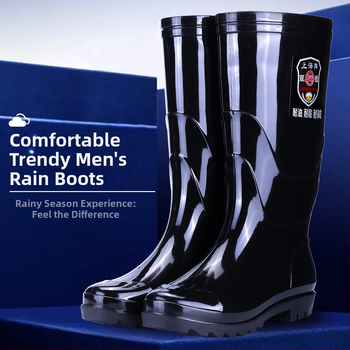 Vīriešu PVC augstās lietus zābaki ar gumijas zoli, ūdensdroši, pretslīdoši, izturīgi pret skābēm un sārmiem