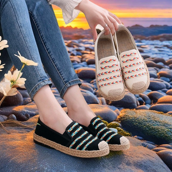 Moteriški pluošto bateliai su etnine raiža, slip-on, žemas viršus, lino siuvinėjimas, kvėpuojantys, lengvi, PU padas