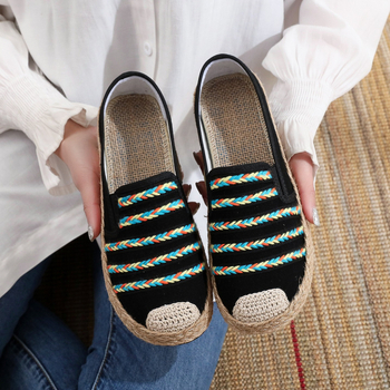 Moteriški pluošto bateliai su etnine raiža, slip-on, žemas viršus, lino siuvinėjimas, kvėpuojantys, lengvi, PU padas