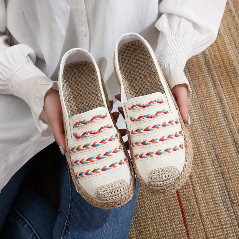 Moteriški pluošto bateliai su etnine raiža, slip-on, žemas viršus, lino siuvinėjimas, kvėpuojantys, lengvi, PU padas