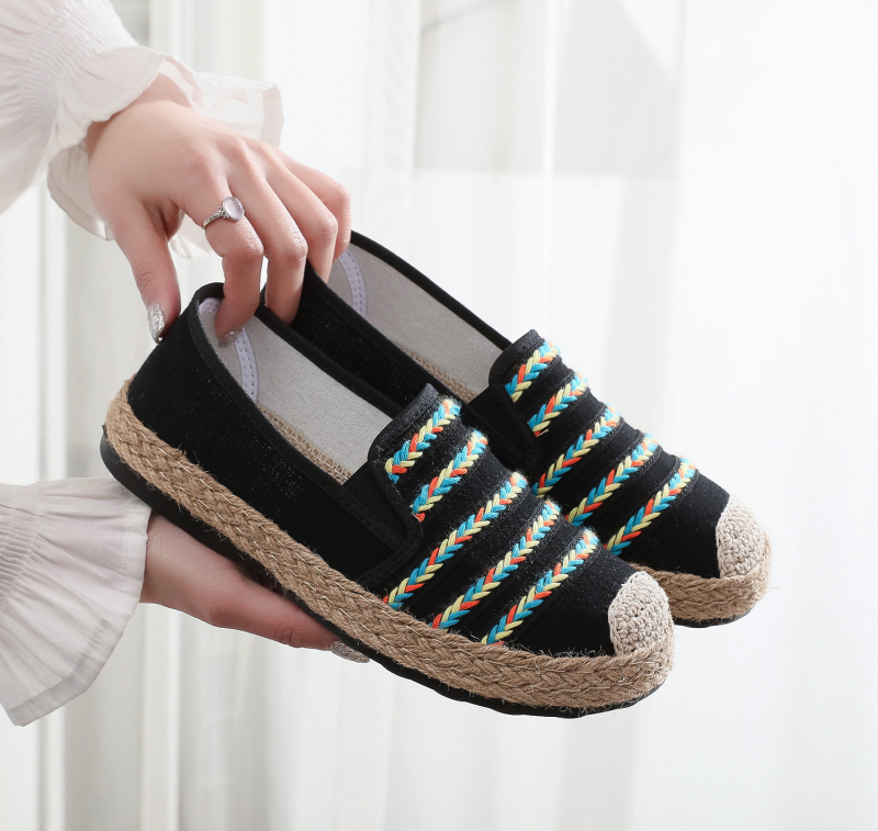 Moteriški pluošto bateliai su etnine raiža, slip-on, žemas viršus, lino siuvinėjimas, kvėpuojantys, lengvi, PU padas