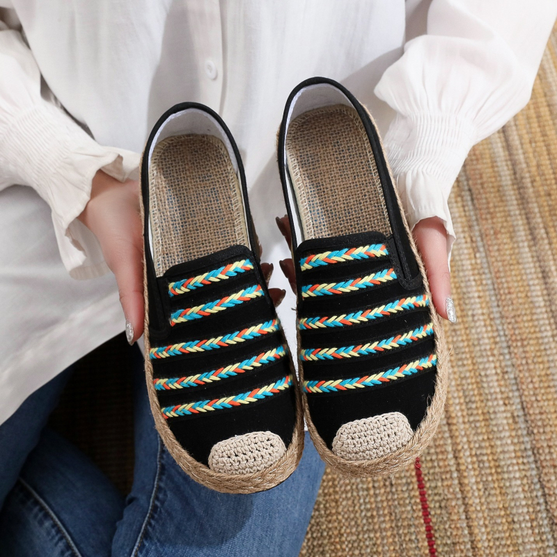 Moteriški pluošto bateliai su etnine raiža, slip-on, žemas viršus, lino siuvinėjimas, kvėpuojantys, lengvi, PU padas