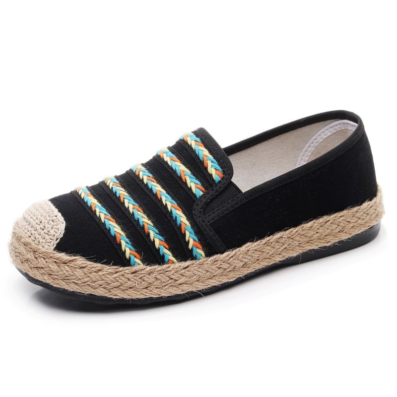 Moteriški pluošto bateliai su etnine raiža, slip-on, žemas viršus, lino siuvinėjimas, kvėpuojantys, lengvi, PU padas