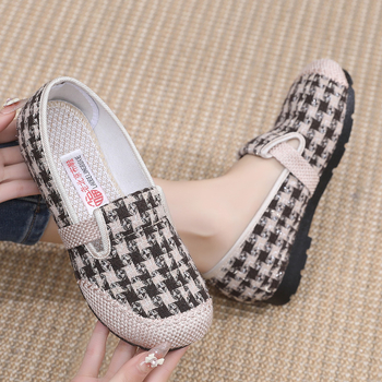 Naistele lina kangastest slip-on kingad – hingavad, kerged, ruuduline muster, PU talla, lame kand