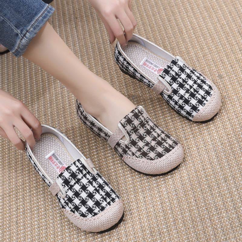 Naistele lina kangastest slip-on kingad – hingavad, kerged, ruuduline muster, PU talla, lame kand