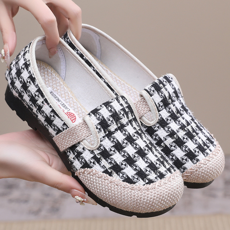 Naistele lina kangastest slip-on kingad – hingavad, kerged, ruuduline muster, PU talla, lame kand